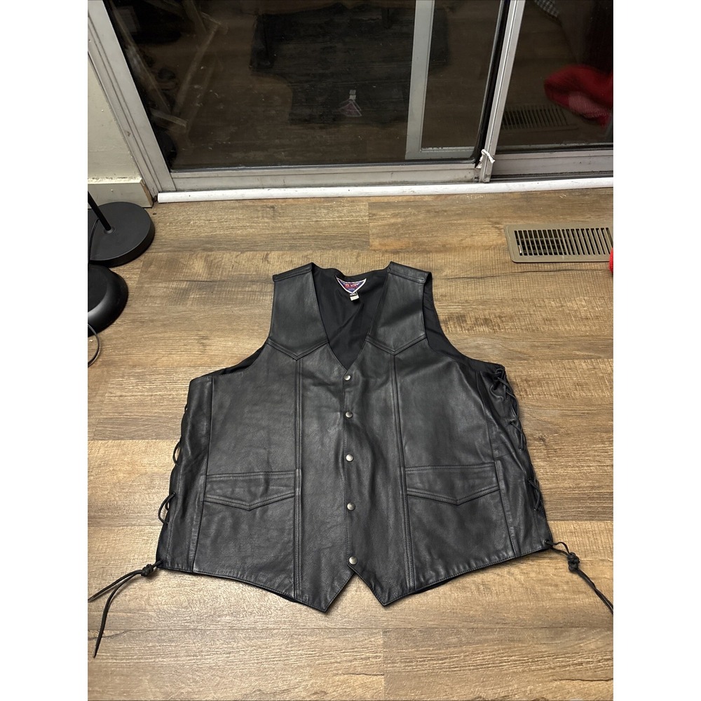 MOB Genuine Leather Vest Black Mens Size 4XL Snap Braided Tie Leather Trim NICE